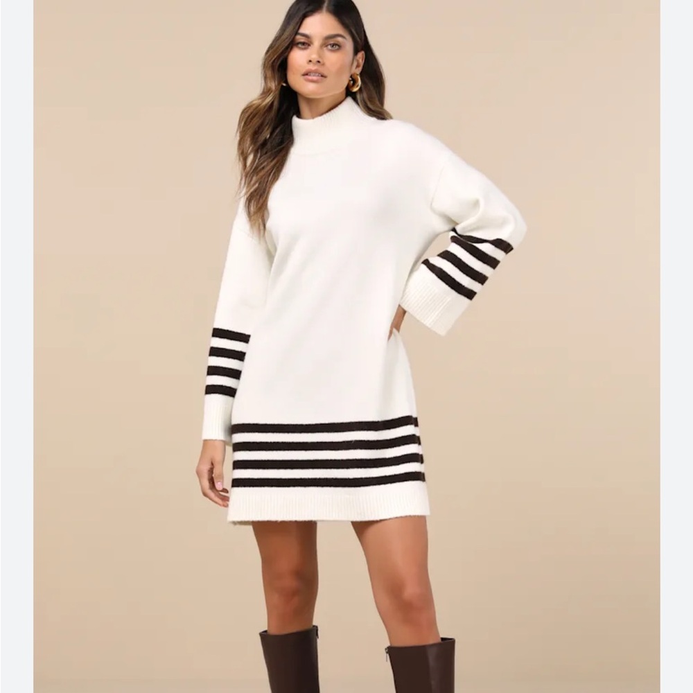 NWT Comfiest Cutie Ivory Striped Mock Neck Mini Sweater Dress